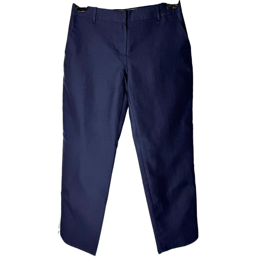 J Crew Collection Pants Women 2 Navy Blue Silk Blend Ivory Stripe Side Preppy